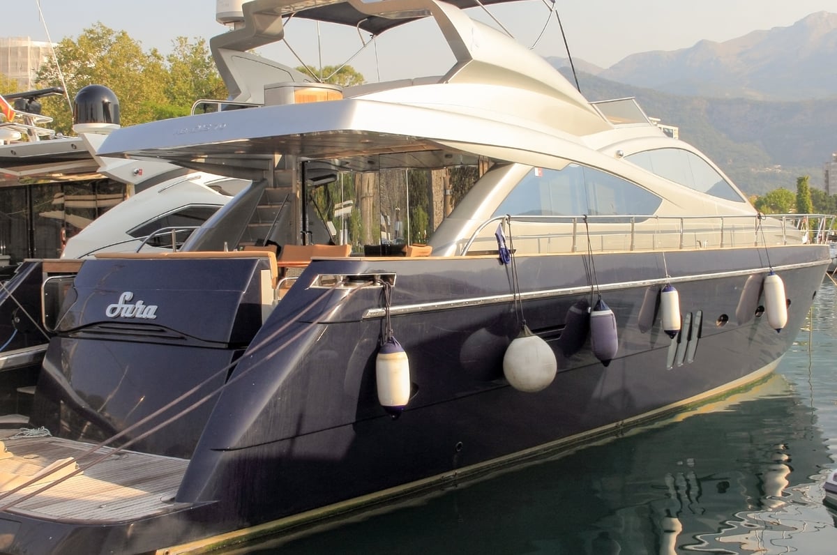 Sara yacht anchored in Budva harbor, Montenegro.